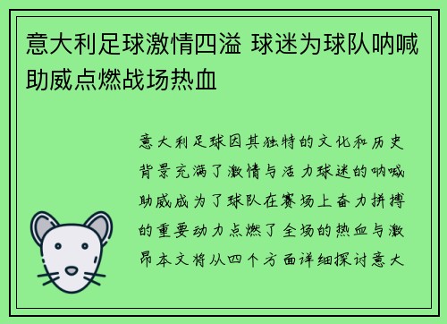 意大利足球激情四溢 球迷为球队呐喊助威点燃战场热血