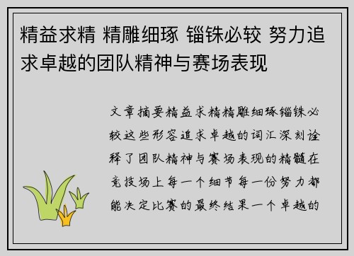 精益求精 精雕细琢 锱铢必较 努力追求卓越的团队精神与赛场表现