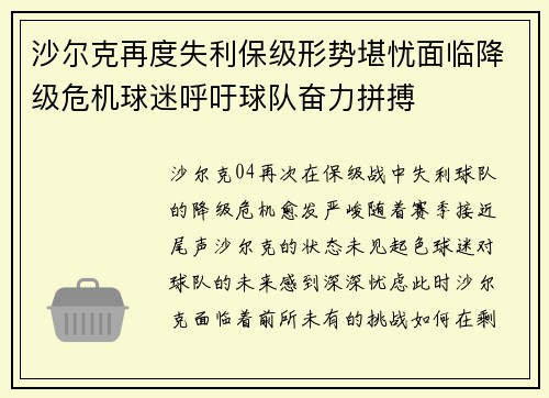 沙尔克再度失利保级形势堪忧面临降级危机球迷呼吁球队奋力拼搏