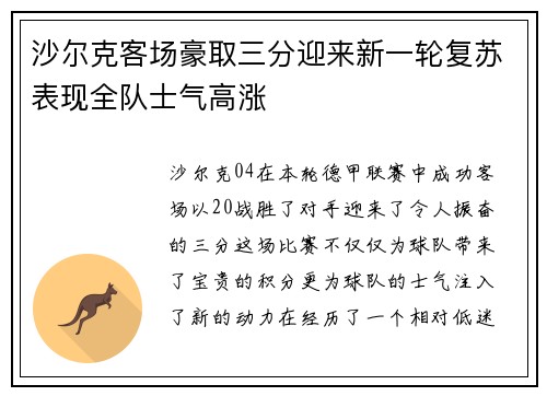 沙尔克客场豪取三分迎来新一轮复苏表现全队士气高涨