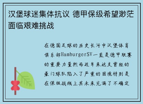 汉堡球迷集体抗议 德甲保级希望渺茫面临艰难挑战