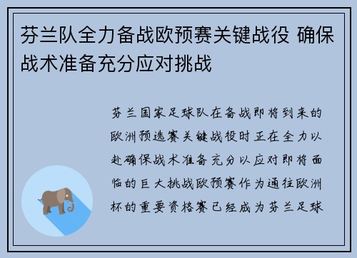 芬兰队全力备战欧预赛关键战役 确保战术准备充分应对挑战