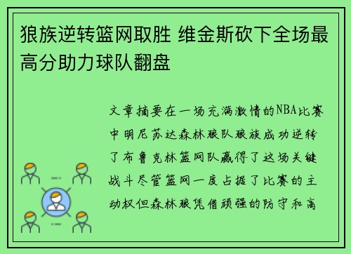 狼族逆转篮网取胜 维金斯砍下全场最高分助力球队翻盘