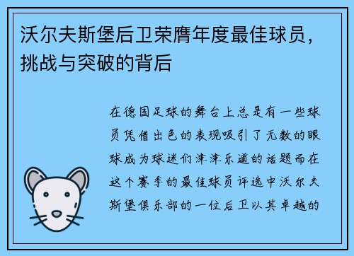 沃尔夫斯堡后卫荣膺年度最佳球员,挑战与突破的背后