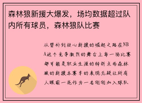 森林狼新援大爆发，场均数据超过队内所有球员，森林狼队比赛