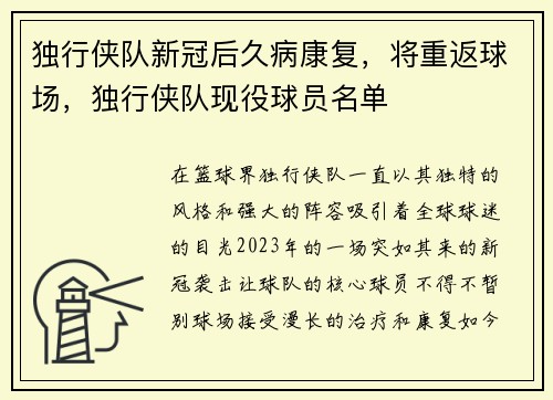 独行侠队新冠后久病康复,将重返球场,独行侠队现役球员名单