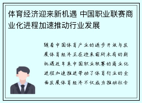 体育经济迎来新机遇 中国职业联赛商业化进程加速推动行业发展