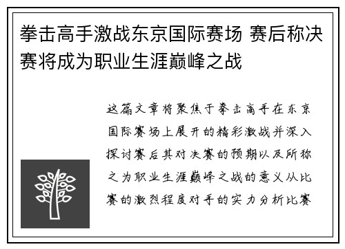 拳击高手激战东京国际赛场 赛后称决赛将成为职业生涯巅峰之战