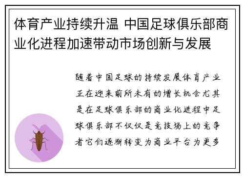 体育产业持续升温 中国足球俱乐部商业化进程加速带动市场创新与发展
